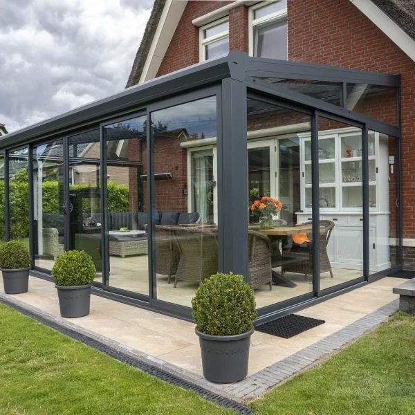 Do ceglanego domu przylega nowoczesny, przeszklony sunroom z meblami ogrodowymi i roślinami doniczkowymi na wyłożonym kafelkami patio z eleganckim Zadaszeniem tarasowym ze szkła, otoczonym zadbanym trawnikiem pod zachmurzonym niebem.